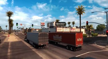 Zwei Trucks in einer Stadt in der Spielwelt von American Truck Simulator