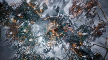 Auf dem Bild aus Frostpunk 2 ist eine schneebedeckte Stadt aus der Vogelperspektive zu sehen, die sich um ein zentrales Gebäude in kreisförmigen Ringen erstreckt. Die Stadt ist durch Straßen und Versorgungslinien miteinander verbunden, und die beleuchteten Gebäude heben sich farblich vom kalten, weißen Schnee ab. Die verschiedenen Bezirke sind farblich markiert, mit industriellen und bewohnten Zonen, die dicht und organisiert angelegt sind.