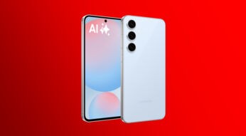 Das Samsung Galaxy S24 FE ist von vorn und hinten in der Farbe Blau zu sehen. Auf dem Bildschirm ist ein AI-Hinweis zu erkennen.