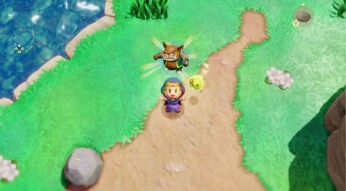 Auf dem Bild zum Test von "The Legend of Zelda: Echoes of Wisdom" steht Zelda auf einem Pfad in einer grünen Wiesenlandschaft, begleitet von einem leuchtenden, gelben Wesen. Über ihr erscheint ein schwebender, tierähnlicher Gegner mit erhobenen Armen, der grimmig wirkt. Links im Bild ist ein Fluss mit klaren Felsen zu sehen, während rechts Blumen am Rand des Weges wachsen. Die Szene ist hell und farbenfroh gestaltet