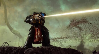 Ein:e Spieler:in steht in Warhammer 40,000: Space Marine 2 auf einer Erhöhung und feuert mit einer Schusswaffe