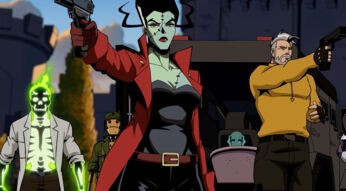 In einer Szene aus Creature Commandos stehen fünf Charaktere kampfbereit nebeneinander. Links Dr. Phosphorus, ein Skelett mit grün leuchtender Aura in einem weißen Laborkittel. Daneben G.I. Robot in Militäruniform mit einem ausdruckslosen Gesicht. Im Zentrum die grünhäutige The Bride mit schwarzen Haaren und rotem Mantel, hält eine Pistole. Rechts Rick Flag Sr. im gelben Oberteil mit gezogener Waffe. Im Hintergrund sitzt die fischähnliche Nina Mazursky in einer Wanne.