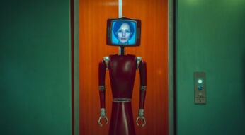 Auf dem Bild aus "Cassandra" ist Lavinia Wilson als Cassandra in Form eines humanoiden Roboters dargestellt. Der Roboter hat einen roten, metallischen Körper mit Greifarmen und einen Bildschirm als Kopf, auf dem das Gesicht von Cassandra zu sehen ist. Der Hintergrund zeigt einen orangefarbenen Aufzug und grüne Wände, was eine futuristische, aber auch retroartige Atmosphäre schafft.