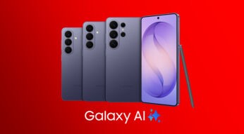 Auf diesem Werbebild zu Galaxy AI sind die neuen Samsung Galaxy S26-Smartphones zu sehen. Von links nach rechts stehen das Samsung Galaxy S26, das Galaxy S26 Plus und das größere Galaxy S26 Ultra. Die Geräte sind in dunklem Violett dargestellt, zeigen ihre Kameramodule sowie vorne ein Display, daneben liegt der S Pen. Der rote Hintergrund wirkt modern und aufmerksamkeitsstark.