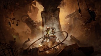 Auf dem Bild aus Little Nightmares 3 stehen die Charaktere Low und Alone auf einem Haufen von Schrott und Trümmern. Low trägt eine Maske und einen grünen Anzug, während Alone mit strubbeligem Haar und dunkler Kleidung danebensteht. Sie halten sich an den Händen und blicken entschlossen nach vorn. Im Hintergrund erhebt sich ein riesiger, rauchender Stuhl, während eine unheimliche Umgebung mit Käfigen, zerbrochenen Puppen und düsteren Strukturen die Szene umgibt. Die Atmosphäre wirkt bedrohlich und surreal.