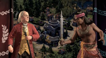 Auf dem Bild aus dem Videospiel Civilization VII sind zwei Anführer in einer Verhandlungsszene zu sehen, was hilfreiche Civilization VII Tipps für diplomatische Strategien veranschaulicht. Links steht ein älterer Mann mit Brille, weißem Haar und rotem Mantel, der freundlich lächelt und einen Gehstock hält. Rechts hingegen nimmt ein muskulöser Mann mit traditionellem Schmuck und erhobenem Schwert eine kämpferische Haltung ein. Im Hintergrund ist eine Stadt mit klassischen Gebäuden und grüner Landschaft zu erkennen.