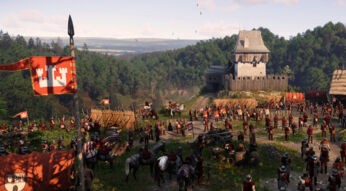 Auf dem Bild in dem Artikel zum Kingdom Come: Deliverance 2 Test ist ein mittelalterliches Militärlager vor einer hölzernen Festung zu sehen. Zahlreiche Soldaten in roten Wappenröcken und Metallhelmen stehen in Formation. Fahnen mit einem Wappen aus weißen Türmen auf rotem Grund wehen im Wind. Im Hintergrund erstreckt sich eine grüne Hügellandschaft unter einem klaren Himmel. Die Szene wirkt lebendig und strategisch angespannt.