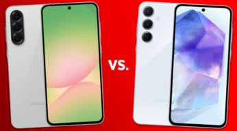 Das Galaxy A56 und das Galaxy A55 sind nebeneinander aufgereiht.