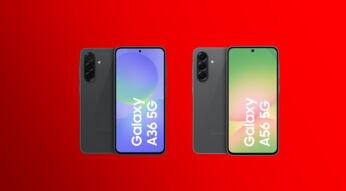 Auf dem Bild sind die neuen Smartphones Samsung Galaxy A36 & A56 zu sehen. Beide Geräte werden in einer schwarzen Farbvariante präsentiert, mit großem Display und einer Triple-Kamera auf der Rückseite. Das Samsung Galaxy A36 5G hat ein blau-grünes Displaydesign, während das Samsung Galaxy A56 5G in Grün-Rot erscheint. Der Hintergrund ist leuchtend rot.