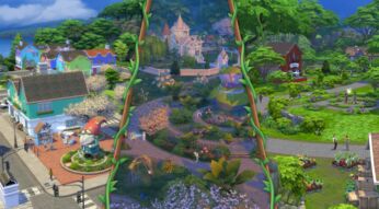 Auf dem Bild aus Die Sims 4 Zauber der Natur ist eine bunte Stadtansicht zu sehen. Links stehen farbenfrohe Häuser und eine Statue eines Gartenzwergs, während die Mitte des Bildes durch eine magische Welt mit Blumen, Elfen und einem Brunnen geprägt ist. Rechts dominieren Gärten, Pflanzen und ein rotes Haus inmitten einer grünen Landschaft.
