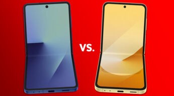 Das Samsung Galaxy Flip7 und das Galaxy Flip6 vor rotem Hintergrund