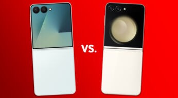 Das Galaxy Z Flip7 und Z Flip5 vor rotem Hintergrund