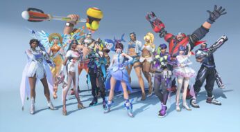 Held:innen aus „Overwatch 2“ mit Skins aus Season 18 vor blauem Hintergrund.