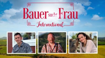 Auf dem Bild zu Bauer sucht Frau International 2026 ist das Logo der Sendung zu sehen. Darunter sind drei Porträts von Kandidat:innen aus verschiedenen Ländern eingeblendet.