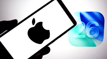 Auf dieser Fotoillustration ist ein Apple-Logo auf einem Smartphone mit einem IOS 26-Logo im Hintergrund zu sehen.