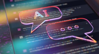 Auf diesem stilisierten Bild zum KI-Modelle-Vergleich sind zwei leuchtende Sprechblasen vor einem digitalen Hintergrund mit Programmcode zu sehen. In der linken Sprechblase steht „AI“, in der rechten sind drei Punkte dargestellt, was auf ein Gespräch zwischen KI-Modellen hindeutet. Das farbenfrohe, moderne Design vermittelt einen technischen und innovativen Eindruck.