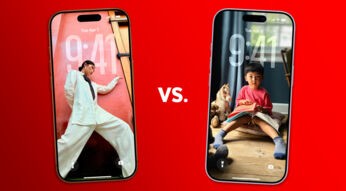 Das iPhone 17 und das iPhone 17 Pro nebeneinander, vor rotem Hintergrund.