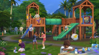 Das Bild aus Die Sims 4 Auf ins Abenteuer! zeigt einen Spielplatz. Sims-Kinder rutschen, basteln, schaukeln oder interagieren miteinander.