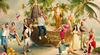 Auf dem Bild zur Reality-Show Promis unter Palmen 2026 sind die Kandidat:innen in einer farbenfrohen Kulisse mit Palmen, Papageien und einer übergroßen Kokosnuss inszeniert.