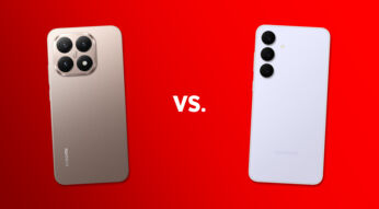 Das Xiaomi 15T und das Samsung Galaxy S25 FE nebeneinander, vor rotem Hintergrund