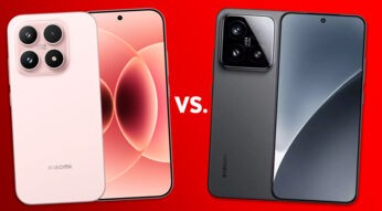 Das Bild zeigt die Rückseiten der Smartphones Xiaomi 17 und 15 vor rotem Hintergrund.