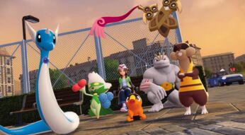 Screenshot eines weiblichen Spielcharakters, Dragonir, Roserade, Floink, Machomei, Kukmarda und Duokles aus „Pokémon-Legenden: Z-A“.