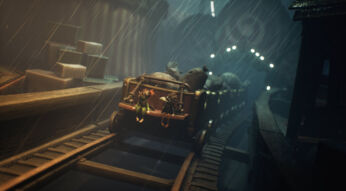 In der Szene aus dem Little Nightmares 3-Tipps-Artikel sitzen Low und Alone in einem offenen Minenwagen, der bei starkem Regen über wackelige Schienen rollt.