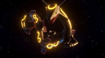 Ein Shiny-Rayquaza vor schwarzem Hintergrund.