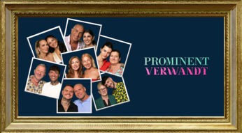 In der Collage zur Sendung Prominent verwandt sind alle prominenten Teilnehmer:innen mit ihren Angehörigen zu sehen – daneben steht der Showtitel.