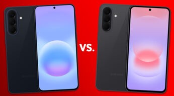 Links ist das Galaxy A57 in Blauschwarz, rechts das Galaxy A37 in Dunkelgrau zu sehen.