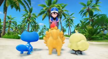 Die drei Starter-Pokémon Braubel, Pomfifi und Gekkua aus „Pokémon Wind & Welle“ stehen von hinten vor einer Trainerin auf einem tropischen Strand mit Palmen.