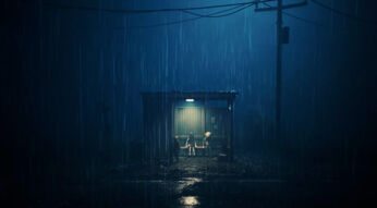 Drei Kinder stehen bei strömendem Regen unter einem spärlich beleuchteten Unterstand in „REANIMAL“.