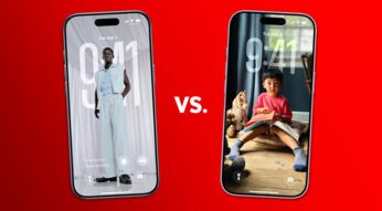 Der Sperrbildschirm des iPhone Air ist links, der Sperrbildschirm des iPhone 17 ist rechts zu ihnen mit einem vs-Schriftzug zwischen ihnen.