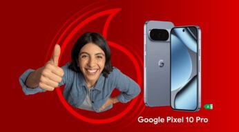 Auf diesem Werbebild mit dem Keyword „Wenn Phone, dann Vodafone“ ist eine lachende Frau zu sehen, die mit erhobenem Daumen begeistert in die Kamera blickt. Rechts daneben wird das Google Pixel 10 Pro in einer silbernen Farbvariante aus Vorder- und Rückansicht präsentiert. Der kräftige rote Hintergrund mit Vodafone-Elementen vermittelt eine moderne, positive und aufmerksamkeitsstarke Werbestimmung rund um das Smartphone.