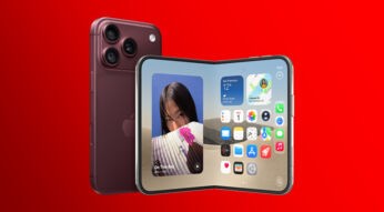 Auf dem Bild zu den iPhone Größen stehen das iPhone 18 Pro und das faltbare iPhone Duo nebeneinander. Links zeigt das iPhone 18 Pro seine dunkelrote Rückseite mit dem großen Kamera-Plateau. Rechts steht das halb aufgeklappte iPhone Duo mit Homescreen, Widgets und einem Porträtfoto einer jungen Frau. Der kräftig rote Hintergrund unterstreicht die moderne Produktinszenierung.