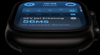 Apple Watch Ultra 4 vor schwarzem Hintergrund, auf dem Display Herzfrequenzmessung