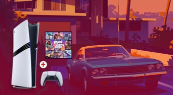 Gewinnpaket aus PlayStation 5 Pro, Controller und Cover von Grand Theft Auto VI vor Oldtimer im Abendlicht