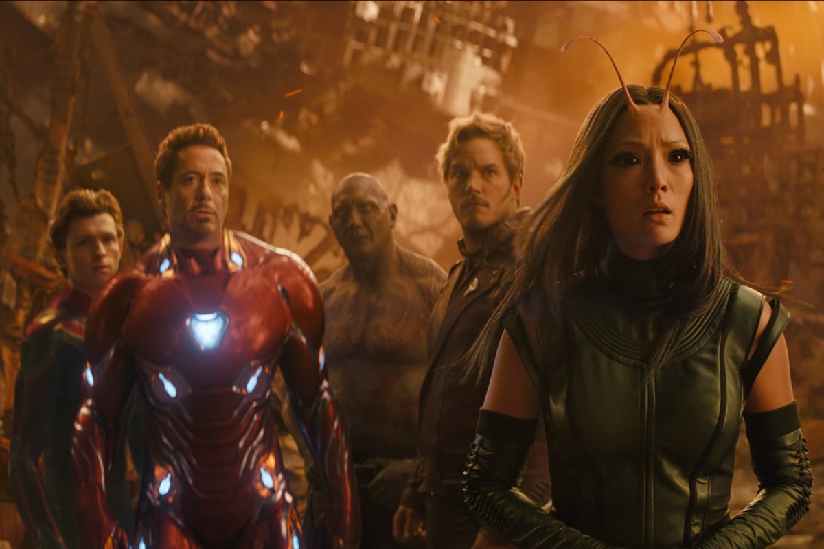Chris Pratt, Dave Bautista, Pom Klementieff, Robert Downey Jr. und Tom Holland in Avengers 3: Infinity War