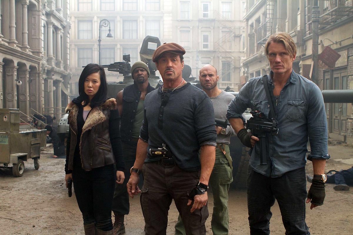 Dolph Lundgren, Randy Couture, Sylvester Stallone, Terry Crews und Yu Nan in Expendables 2