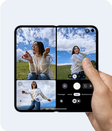Das Bild zeigt die Kamera-App des Google Pixel 10 Pro Fold, mit einer Vorschau auf einem Display und einer Galerie von Bildern auf dem anderen