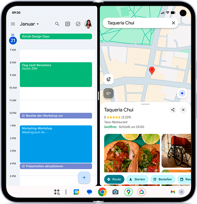 Bildschirmfoto des Displays des Pixel 10 Pro Fold, das die gleichzeitige Interaktion mit verschiedenen Funktionen zeigt