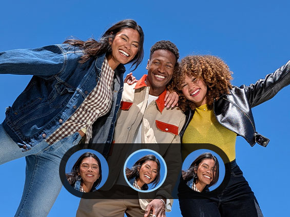 Das Bild zeigt eine Gruppe von drei Personen und wie die Pixel Kamerafunktion 