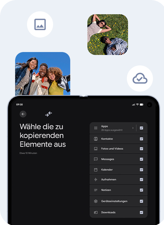 Auf dem Google Pixel 10 Pro Fold-Display werden Daten angezeigt, die fr die bertragung ausgewhlt wurden, darunter Apps, Kontakte und Fotos