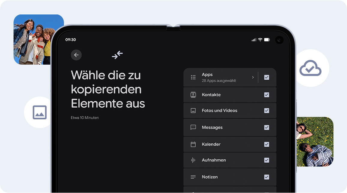 Auf dem Google Pixel 10 Pro Fold-Display werden Daten angezeigt, die fr die bertragung ausgewhlt wurden, darunter Apps, Kontakte und Fotos