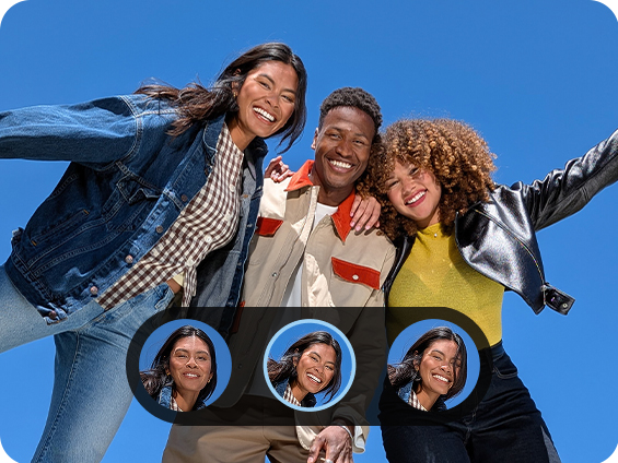 Das Bild zeigt eine Gruppe von drei Personen und wie die Pixel-Kamerafunktion 