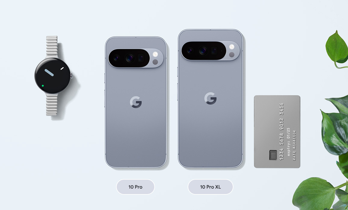 Abbildung mit zwei Gren des Pixel 10 Pro, neben einer Pixel Watch 3 und einer Kreditkarte zum Grenvergleich