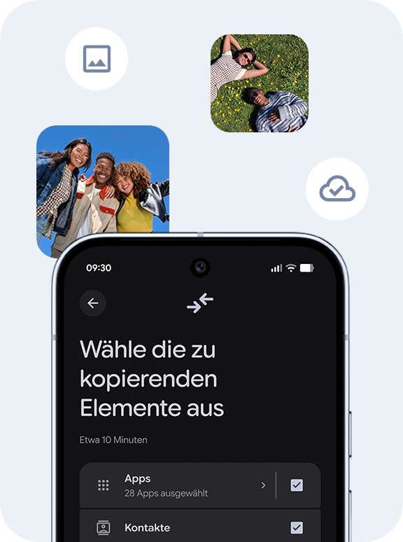 Auf einem Smartphone-Display werden Daten angezeigt, die zur bertragung ausgewhlt werden. Dies umfasst Apps, Kontakte und Fotos