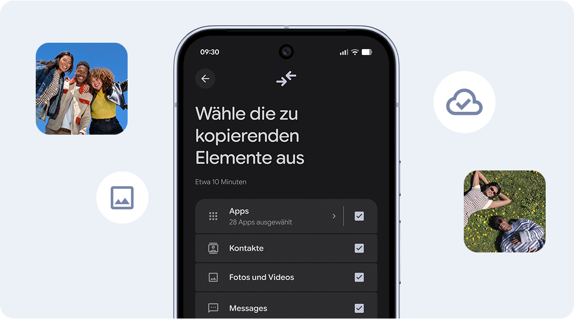 Auf einem Smartphone-Display werden Daten angezeigt, die zur bertragung ausgewhlt werden. Dies umfasst Apps, Kontakte und Fotos
