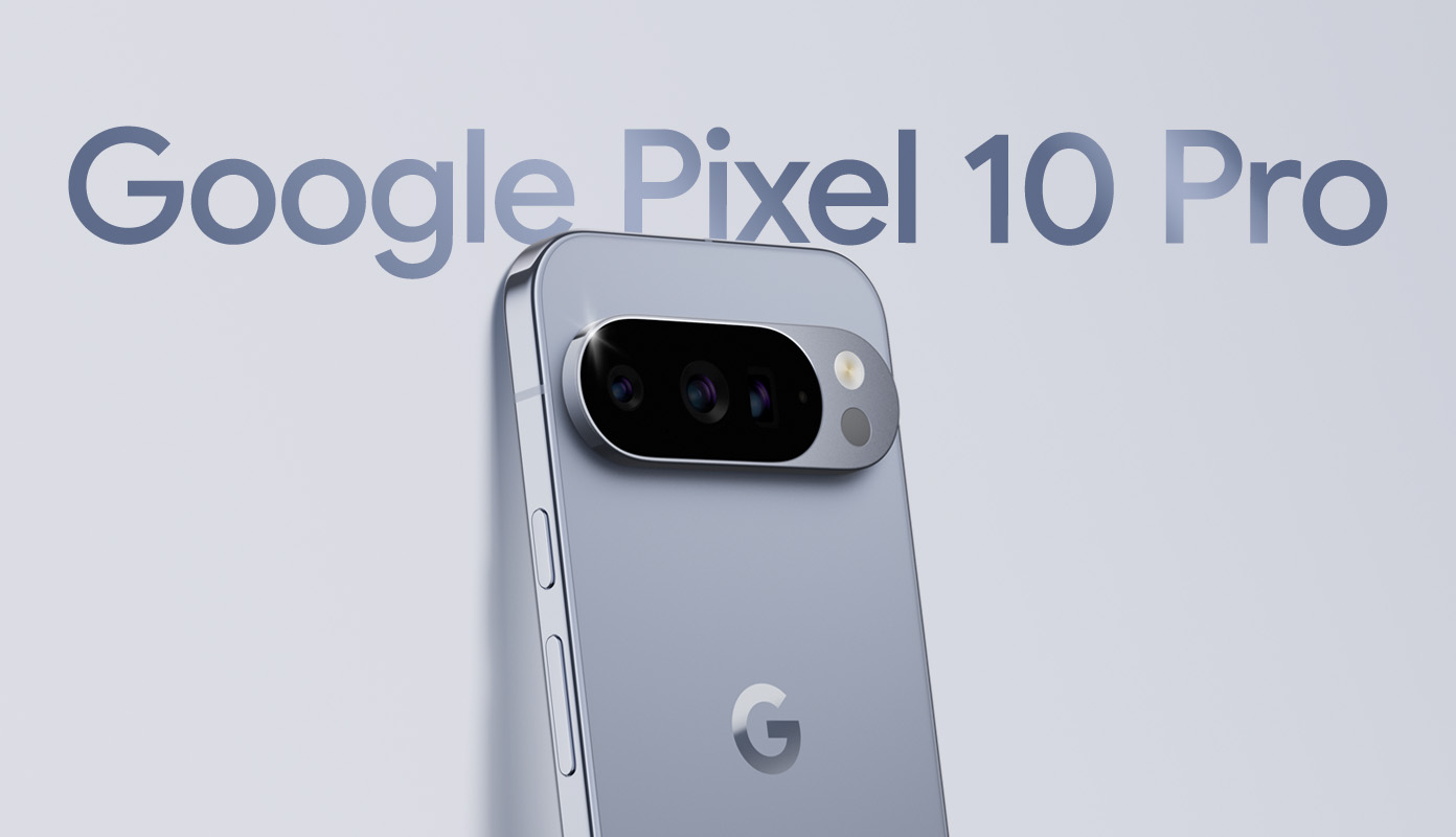Google Pixel 10 Pro in Moonstone, an eine Wand gelehnt