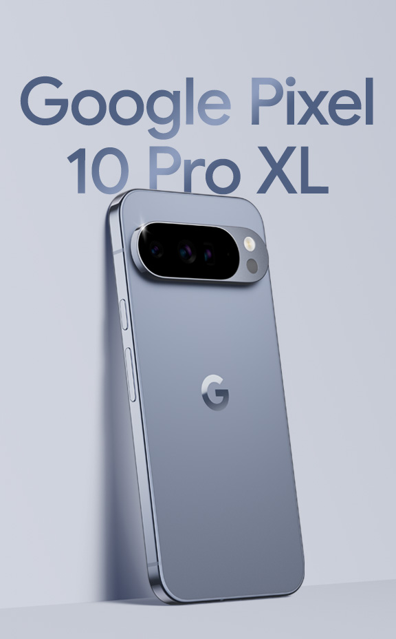 Google Pixel 10 Pro XL in Moonstone, an eine Wand gelehnt